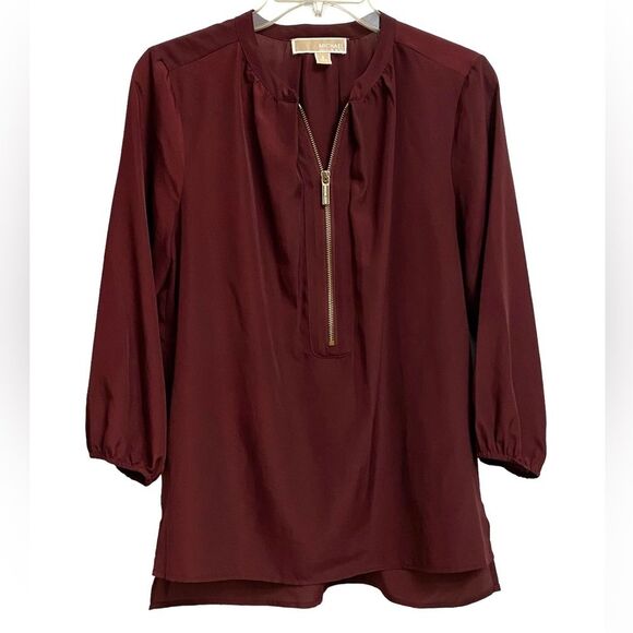 Michael Kors Front Zipper Peasant Top Blouse Women's Size S Burgundy Boho Casual - Picture 1 of 11